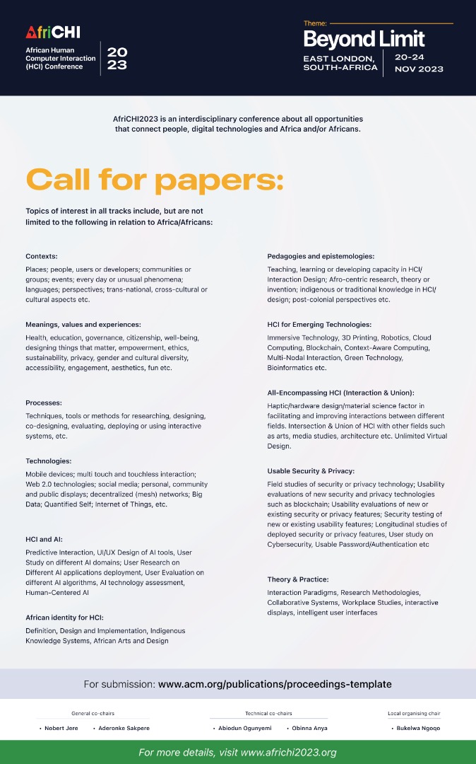 AfriCHI_Conf's tweet photo. What you have been waiting for is here now! Kindly go through AfriCHI2023 Call for Paper and do the needful. It is a conference you will not want to miss - You get the gist😉https://t.co/ini9qeVxFT https://t.co/sMEDjll8TH