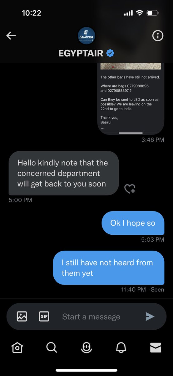 theBassilisk's tweet photo. @EGYPTAIR I still have not heard back from the concerned department. We have been here for nearly a week and are leaving JED tomorrow. Where are our bags? https://t.co/Gnb0Rt7MRY