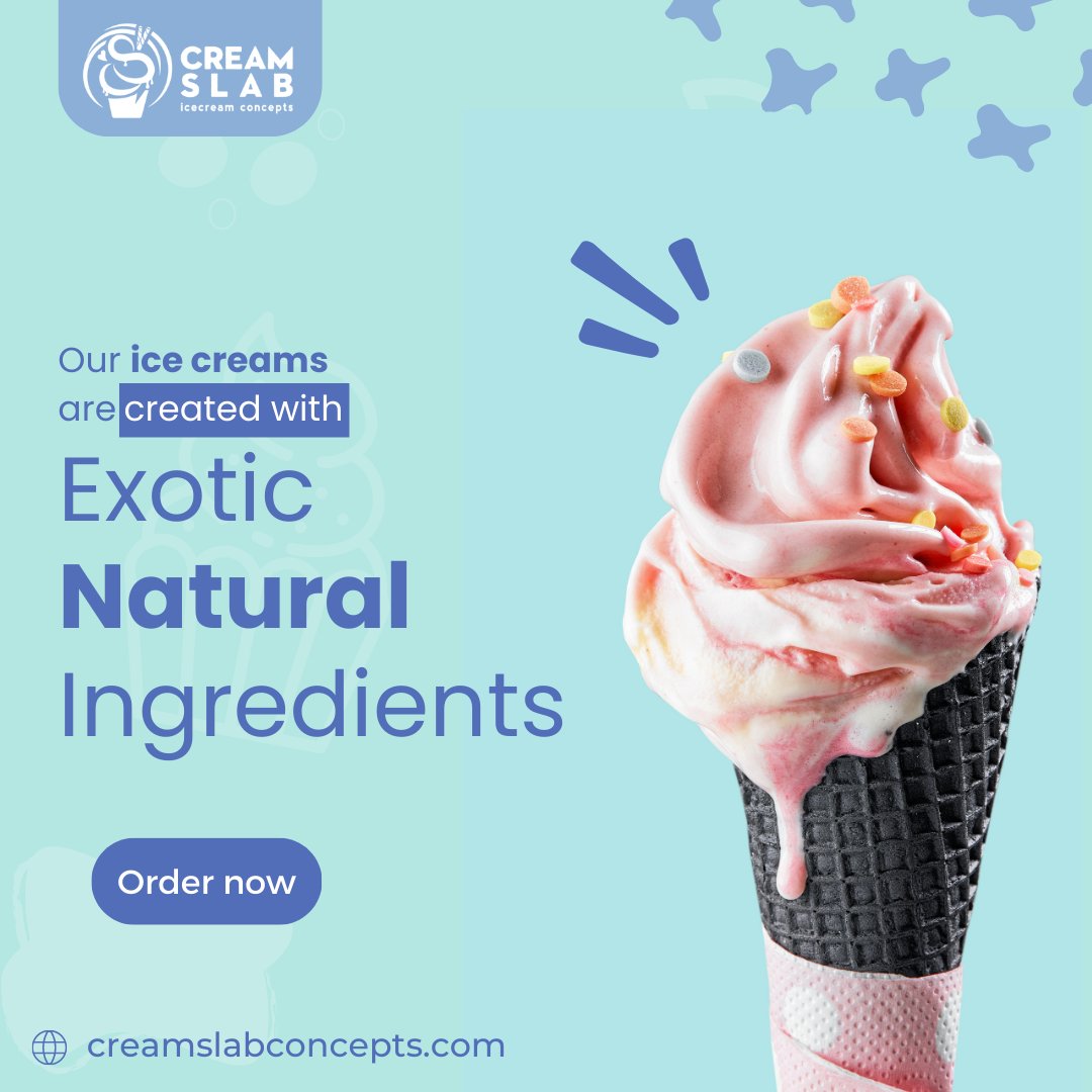 CreamSlabicecrm's tweet photo. Cream Slab only use natural ingredients to create delicious Ice creams. The exotic flavors enhance the freshness in terms of taste and also adds on to your nutritional value.
Visit for more: https://t.co/2mtSD2xbug

#naturalingredients #icecreams #delisious #sweets #CreamSlab https://t.co/X0izkutOA3