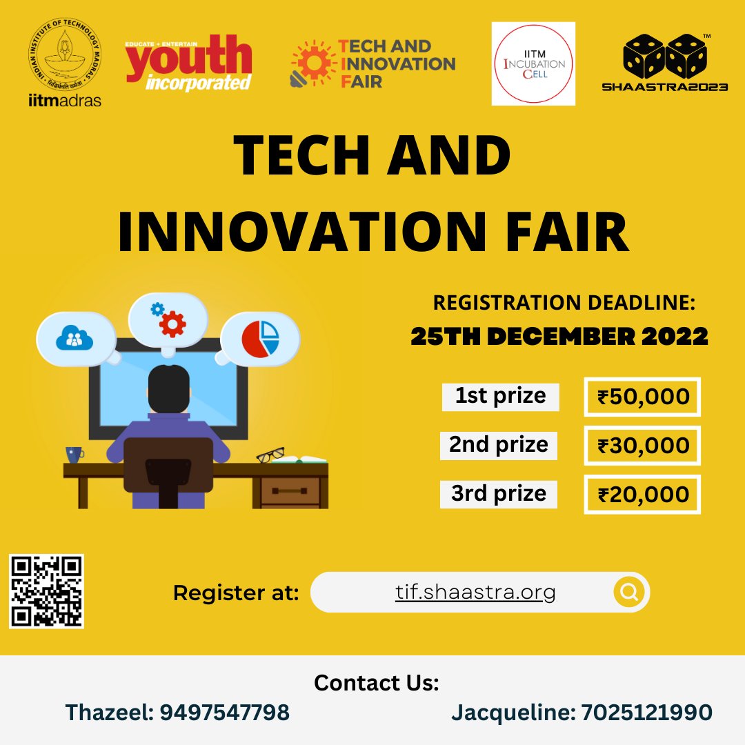 #Shaastra 2023, #IITMadras presents #Tech and #Innovation Fair is here. It is a platform for upcoming tech-based #startups by college students, to showcase their products to the world! Win amazing opportunity to be mentored by finest minds &amp; a chance to win exciting cash prizes.