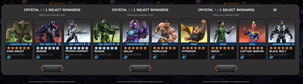 paunie86's tweet photo. @MarvelChampions i need help choosing. Torn between king groot, galan, hype and black bolt. Herc too op so don’t want him. https://t.co/tNctYk0S8I