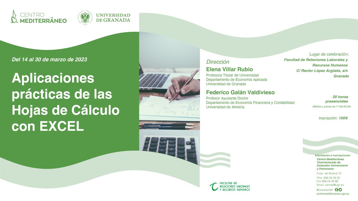 Curso sobre "#Aplicaciones prácticas de las #hojas de #cálculo con #EXCEL" 
Del 14 al 30 de marzo de 2023
20 horas presenciales
Más información: cemed.ugr.es/curso/23gr15/