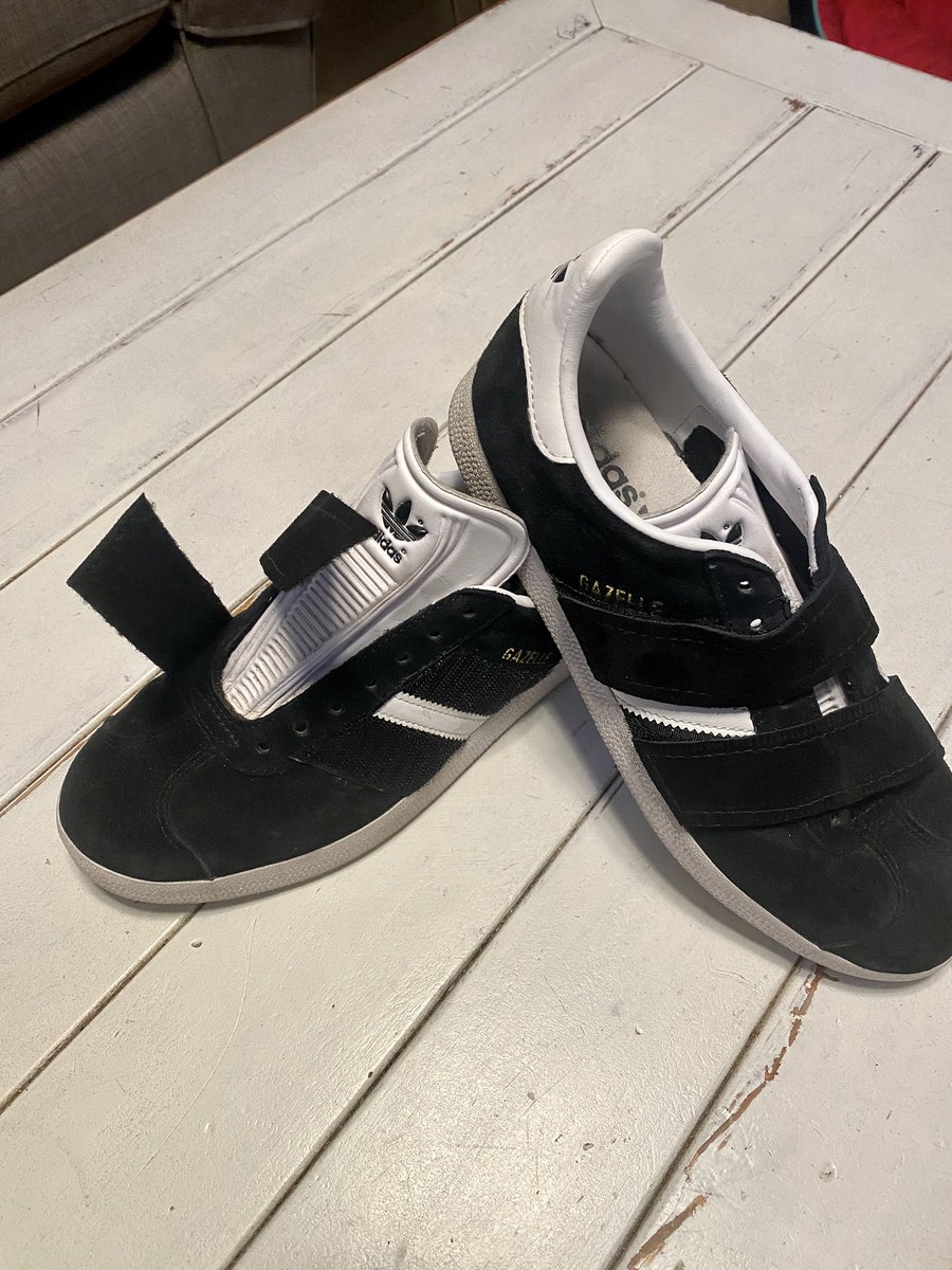 HarpumLisa's tweet photo. My very on trend 80 year old, pair of her #adidas shoes given a stretch and changed from laces to straps. #makelife easier ! https://t.co/OSNvWd3XgQ