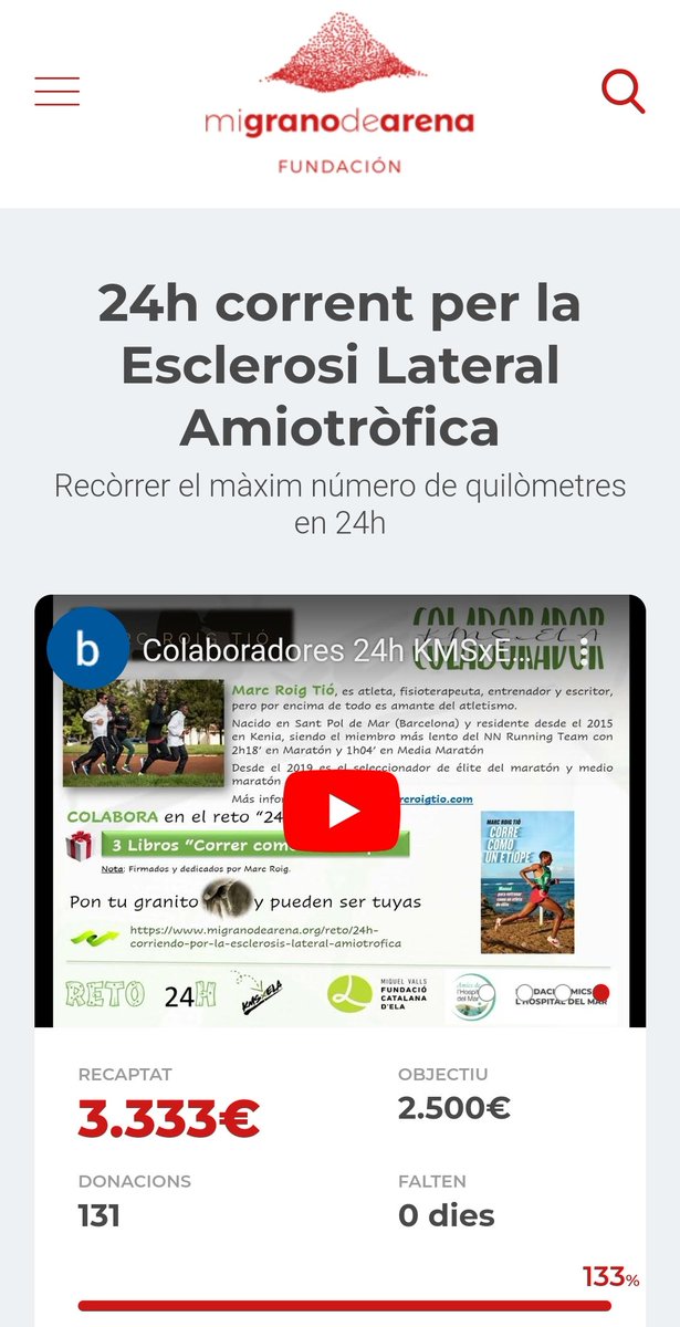 💚Moltes gràcies a totes les persones que heu corregut o fet una donació per l'ELA

Entre tots em aconseguit 3.333 € més per la recerca mèdica de l'Esclerosi Lateral Amiotròfica a l'<a href="/hospitaldelmar/">Hospital del Mar</a> 

Amb l'impuls de <a href="/KMSxELA/">KMSxELA</a> <a href="/corredors/">CoRReDoRS.CaT</a> <a href="/fmiquelvalls/">Fundació Catalana d'ELA Miquel Valls</a>