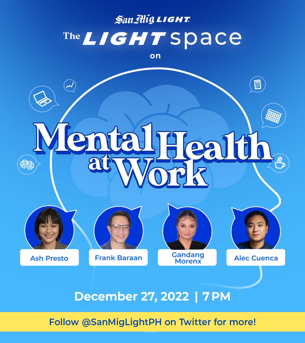 SanMigLightPH's tweet photo. Can we turn our workspace into a safe space? 🧠 Join #SMLTheLightSpace on December 27, 7PM on Twitter Spaces as we discuss more about Mental Health at Work.

Follow @SanMigLightPH on Twitter for more! 🎙 https://t.co/oJdyUSuQuC