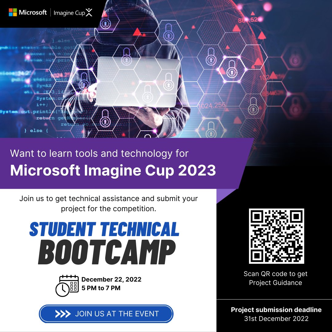 InfiSpark's tweet photo. Do you have a project?
Microsoft Imagine Cup 2023 - the Olympics of technology is here.
Get support in submitting your project. Come join us for the series of Student Technical Bootcamps
Starting from 22nd December
Time: 5 PM to 7 PM https://t.co/sPIQNr8RLx