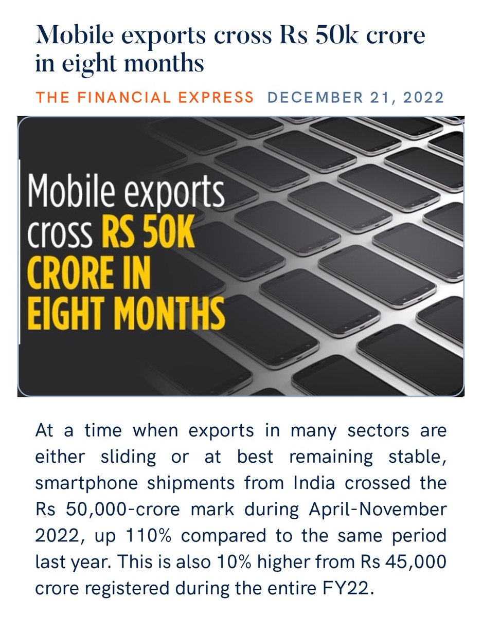 zahidpatka's tweet photo. 📱Smartphone shipments from India🇮🇳 crossed the Rs 50k crore mark during April-November 2022, up 110% compared to the same period last year.
Kudos PM @narendramodi Ji Govt
#MakeInIndia #MakeForWolrd
#AtmaNirbharBharat
https://t.co/Na0pbgUh68
@PMOIndia https://t.co/uNesCSezpu