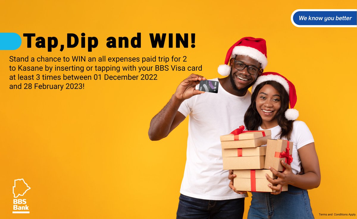 BBS_BW's tweet image. You could win an all expenses paid trip for 2 to Kasane!

All you have to do is visit any shop, use your BBS Visa card at least 3 times between 01 December 2022 and February 28 2023!

#BBSVisa #VISA #TapDipandWin