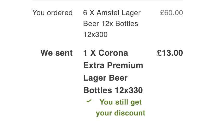 SarahWelham1's tweet photo. @AsdaServiceTeam the substitutes on delivery is getting ridiculous 🤦🏻‍♀️ How can they substitute just 12 bottles of lager from the 72 I ordered! https://t.co/Q0KQPiAPWS