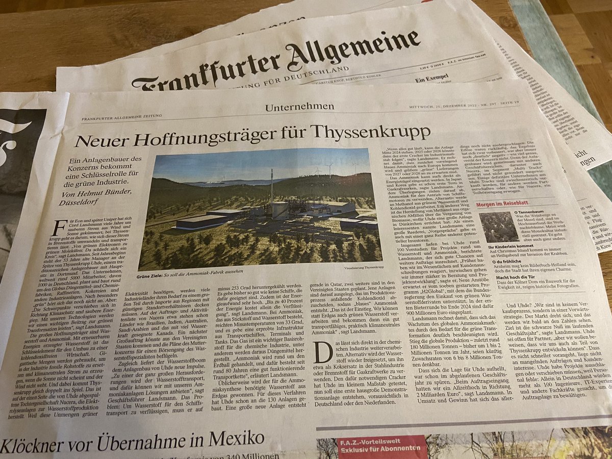 Michael23Ridder's tweet photo. Some good news at todays @faznet (print) on @thyssenkrupp Uhde, the missing puzzle piece in hydrogen supply chain and the future of the ammonia market. Thanks, @HelmutBuender for having us! https://t.co/0YwKZxIaCG