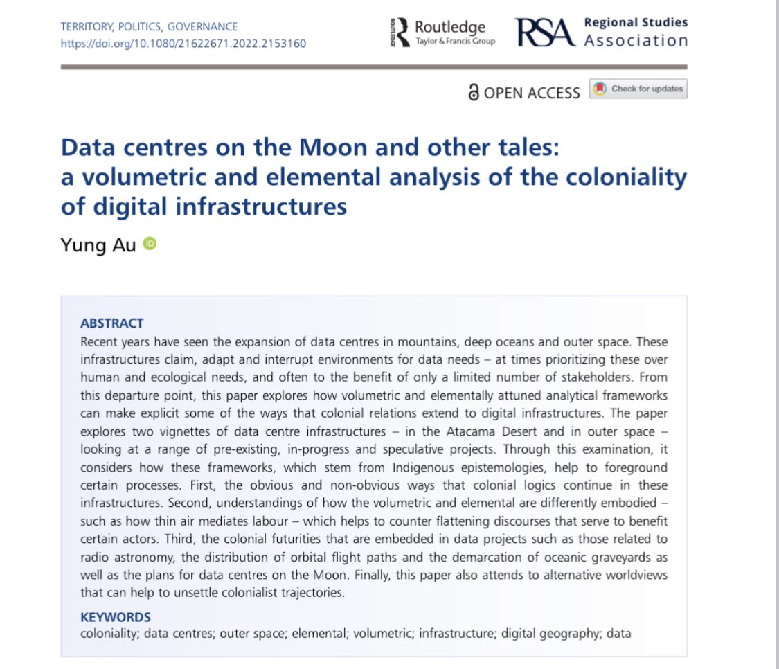 ✨New open access paper in @RSA_TPG: Data Centers on the Moon & Other Tales Exploring data infra expansion into high altitudes of earth, the moon & other cosmic real estate, it looks at colonial logics, urges, and futurities of the race to claim space 🌙 tandfonline.com/doi/full/10.10…