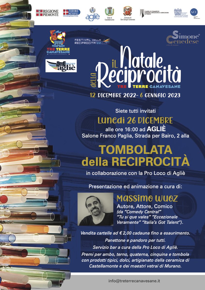 🍭 TOMBOLATA DELLA RECIPROCITÀ - 26 DICEMBRE 🌲 

Ti aspettiamo alle 16:00 di lunedì 26 dicembre per la #TombolataDellaReciprocità al Salone "Arch. F. Paglia"!

#NataleDellaReciprocità #TreTerreCanavesane #FestivalDellaReciprocità