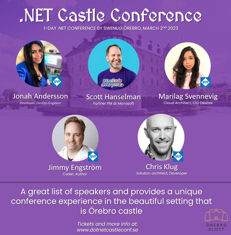 For the first time since SweNug Örebro started we have been able to put together a one day conference with amazing speakers in a amazing venue of Örebro castle. Tickets will be available at the 11th of january 2023
dotnetcastleconf.se #swenug #dotnet