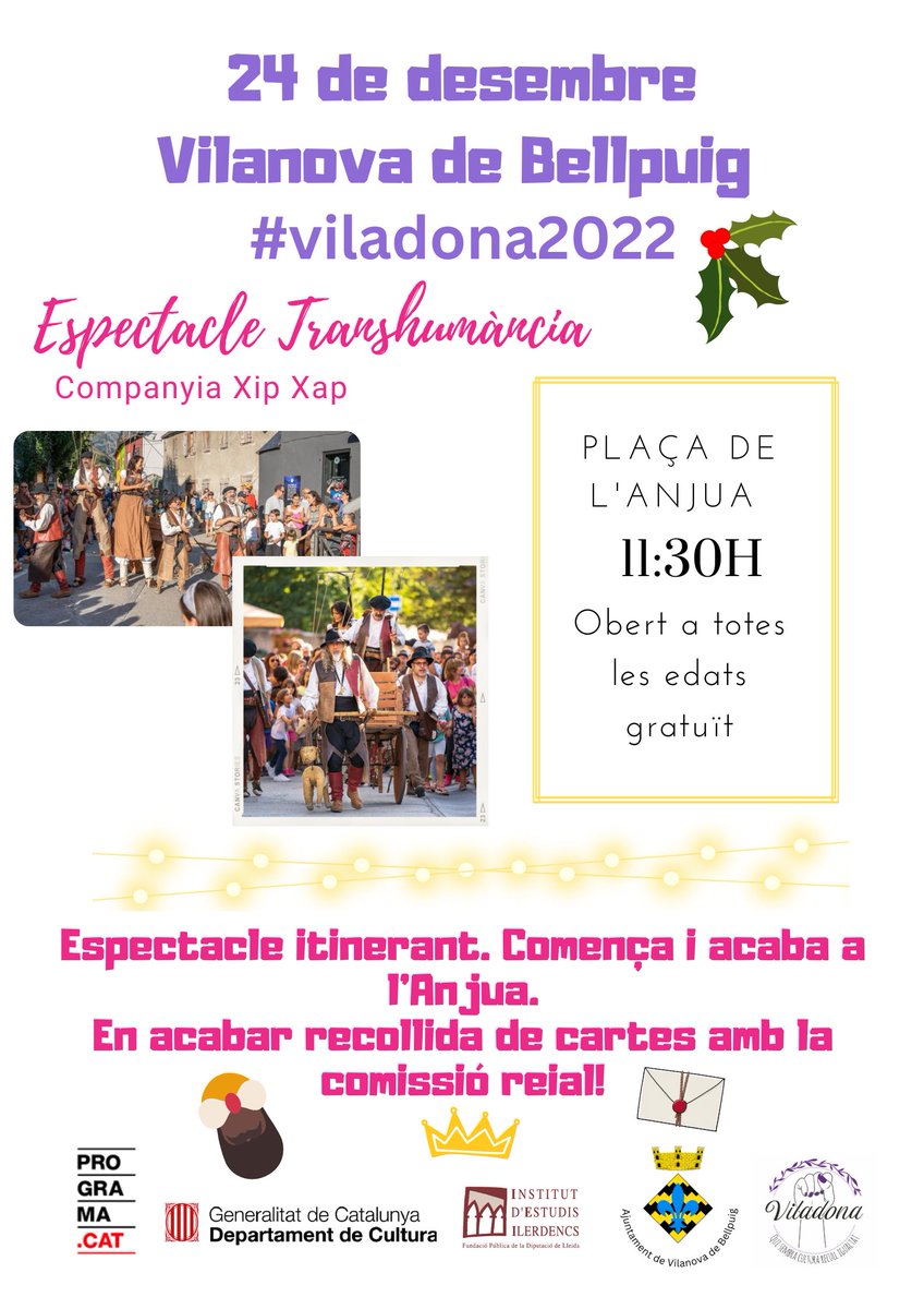 Viladona_'s tweet photo. 🎉💌 a #vilanovadebellpuig❗
.
2️⃣4️⃣ de desembre, 11:30h, Transhumància, amb Xip Xap teatre. Placa de l'Anjua. Gratuït. Teatre de carrer i titelles per a totes les edats 💥
.
👸🏾➡️📩 En acabar a l'Anjua arribarà la comissió reial per recollir cartes amb tots els desitjos 🤩🎁💌🤴🏼 https://t.co/ZOT9jRawFd
