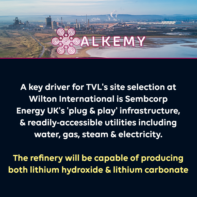 AlkemyCapital's tweet photo. #ALK @TVLithium and @SembcorpUK agree the terms of a 30 year Lease for TVL's #Lithium processing facility at Wilton International, Teesside