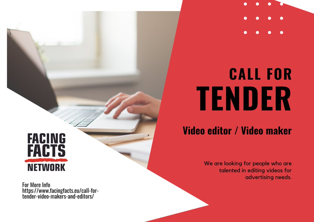 📢 Call for tenders for the Facing Facts Network
invoice in #EU 🇪🇺

We are looking for: 
📽 Video editor &amp;
🖌️ Graphic designer

⏳ Apply before 31 Dec 2022

More info on our website👇
facingfacts.eu/all-news/

#job #videoeditor #GraphicDesigner 
#jobsearch #Careers #Employment
