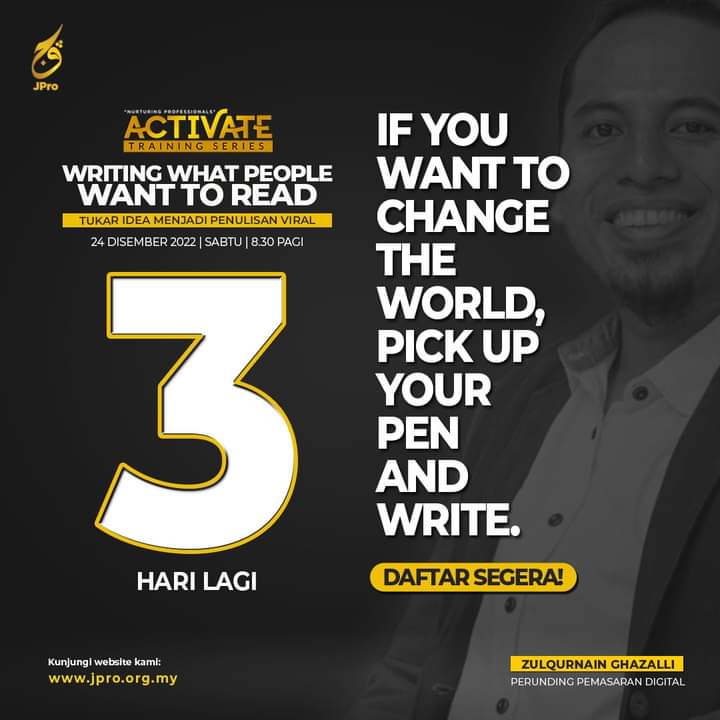 JProMuda's tweet photo. "If you want to change the world, pick up your pen and write." - Martin Luther
Adakah anda masih belum mendaftar?
Join whatsapp group ini segera:
https://t.co/95KdNa8EOw
#jprodppm
#activatetrainingseries
#nurturingprofessionals
#createabettermalaysia
#PemudaGenerasiSejahtera https://t.co/YqDlTtATJU