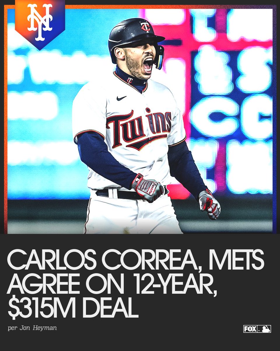 MetsTimeLine's tweet photo. Breaking: Carlos Correa and the Mets have a deal. $315M, 12 years. #Mets #Nymets #LGMets https://t.co/o7ZmdcE9F3