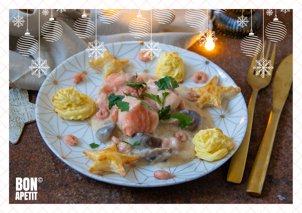 Wat wordt jouw #hoofdgerecht van het #kerstmenu? Nog geen idee? Ik heb een suggestie voor je, namelijk dit feestelijke recept van #zalm met #garnalen, pommes duchesse en kerststerren van bladerdeeg bonapetit.nu/recept/feestel…