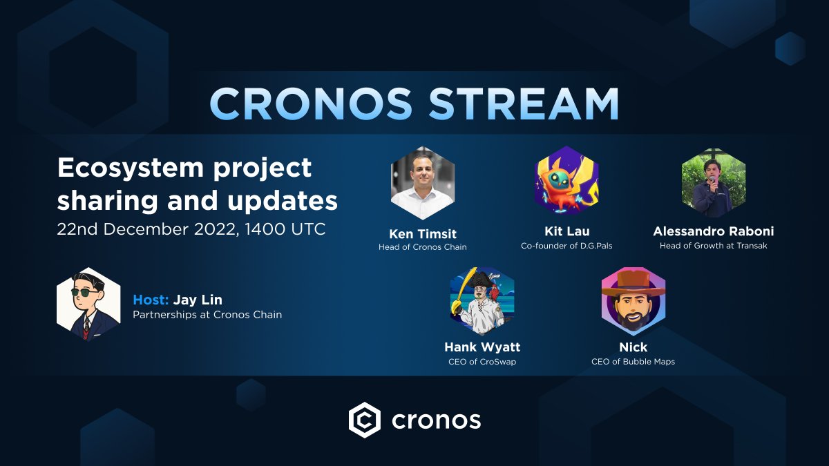 CronosApp's tweet photo. Episode #2 of Cronos Stream

The upcoming episode of the Cronos Steam will feature reps from @cronosnetwork @officialdgpals @Transak @CroSwapOfficial @bubblemaps🔥

Be sure to tune in to find out more about the latest @cronosapp ecosystem updates!
https://t.co/KvwD5fhuNm https://t.co/tmeJKDoDkG
