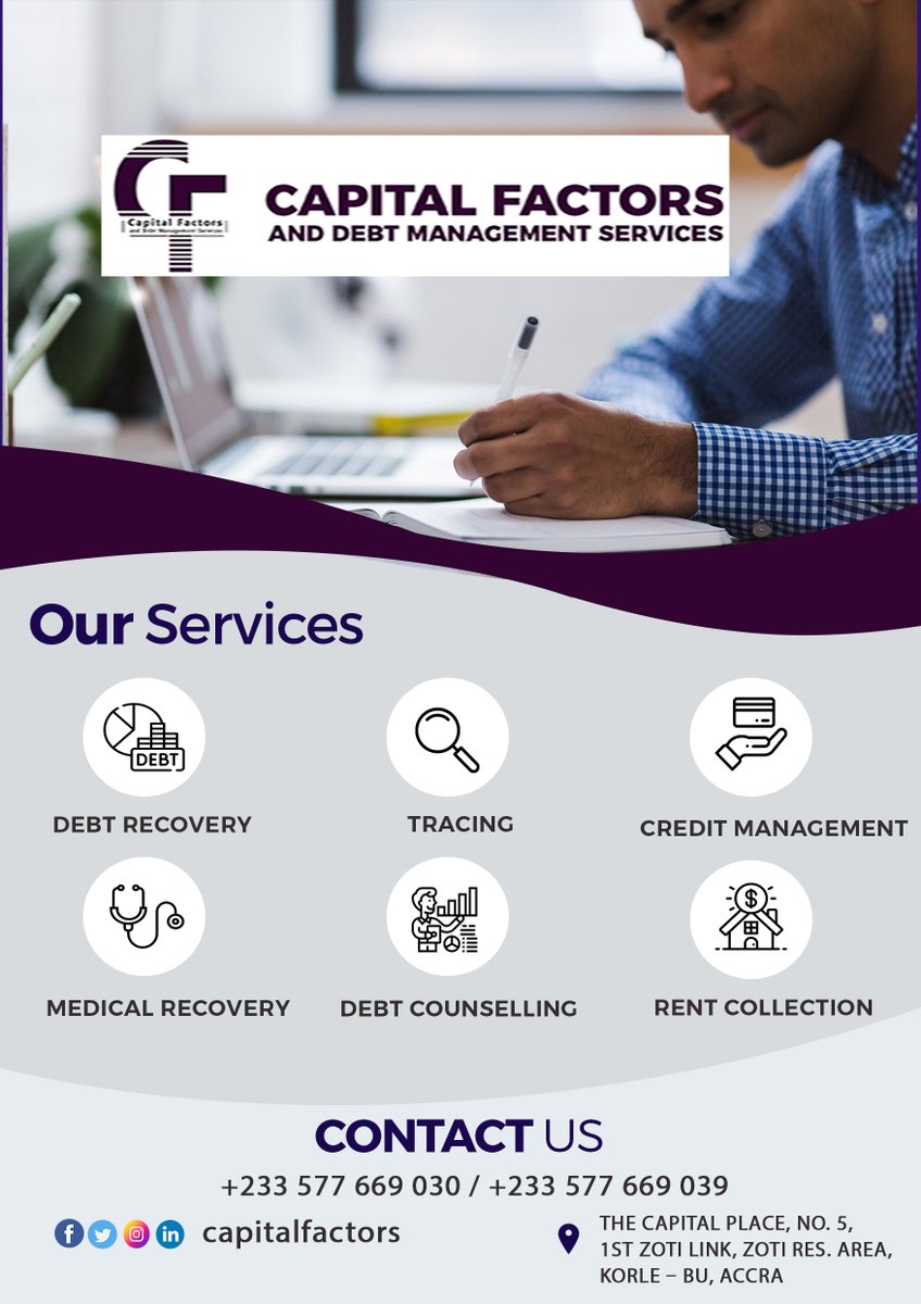 capitalfactors's tweet photo. Our Services
Call us on 0577669030 / 0577669039 / 0302674697
Visit our website https://t.co/DutVo8lEQe
#debtcounseling #debtfreeliving #services https://t.co/O79ngGfXg4