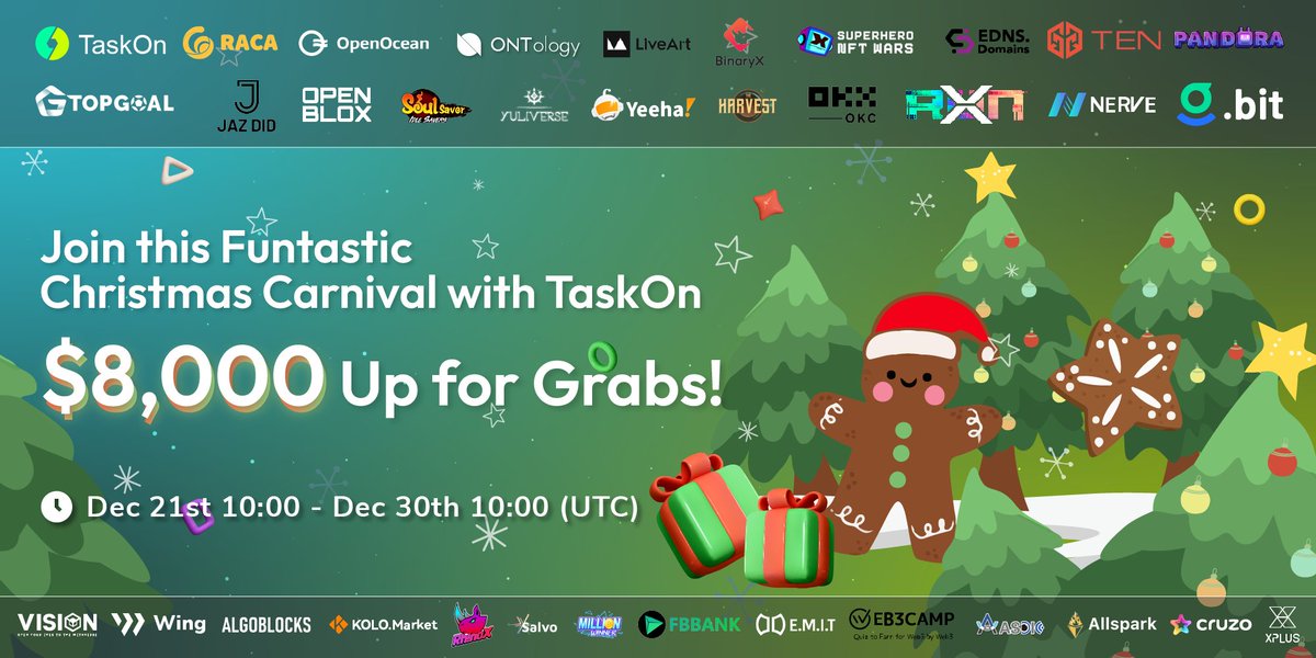 🎅#Christmas is coming, time for a BIG PARTY!

👼#TaskOn is joining hands with 35 special guests, offering $8,000 worth of gifts🎁 for you!

🎉What are you waiting for? Join us now for the Funtastic #ChristmasCarnival and celebrate with us!

🎄Explore: link.medium.com/mtWhU6Y2Vvb