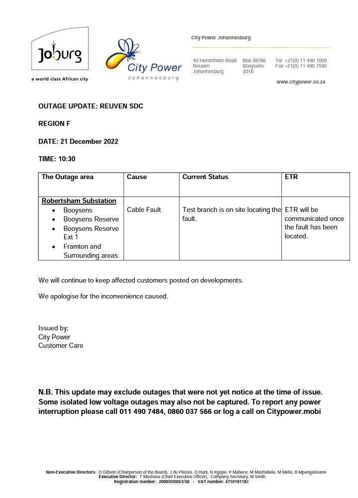 CityPowerJhb's tweet photo. Region F #Reuven
#RobertshamSub: Fault locating process is underway. Repairs will commence thereafter. ^NT https://t.co/TSnUj3nENk