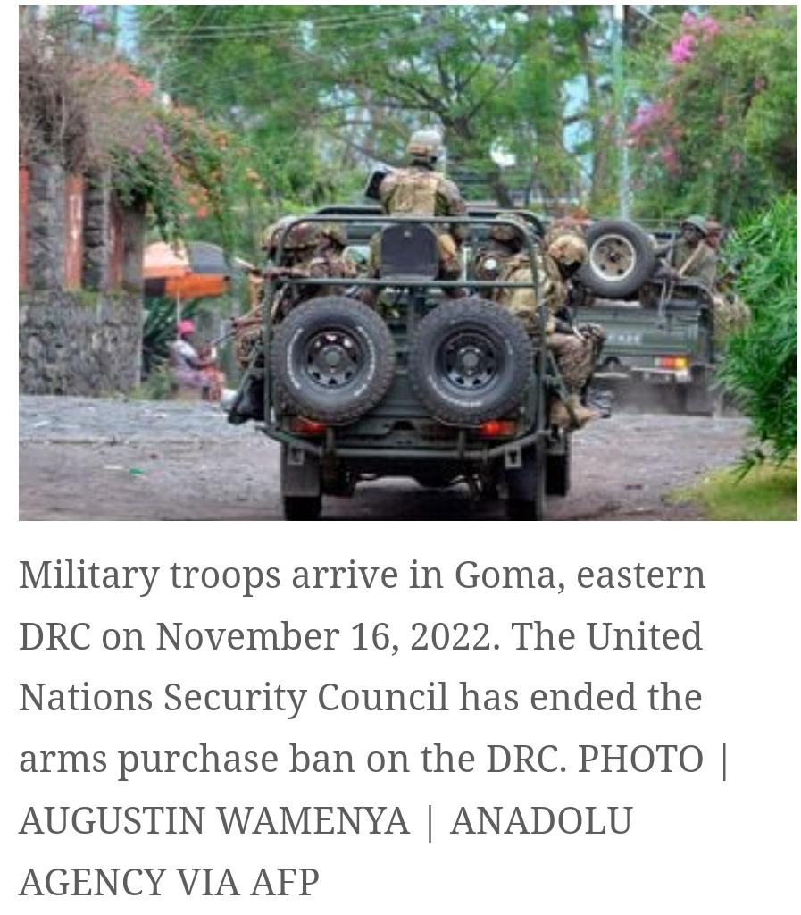 The United Nations [@UN ] Security Council on Tuesday ended the arms purchase ban on the Democratic Republic of Congo (DRC). -@The_EastAfrican.