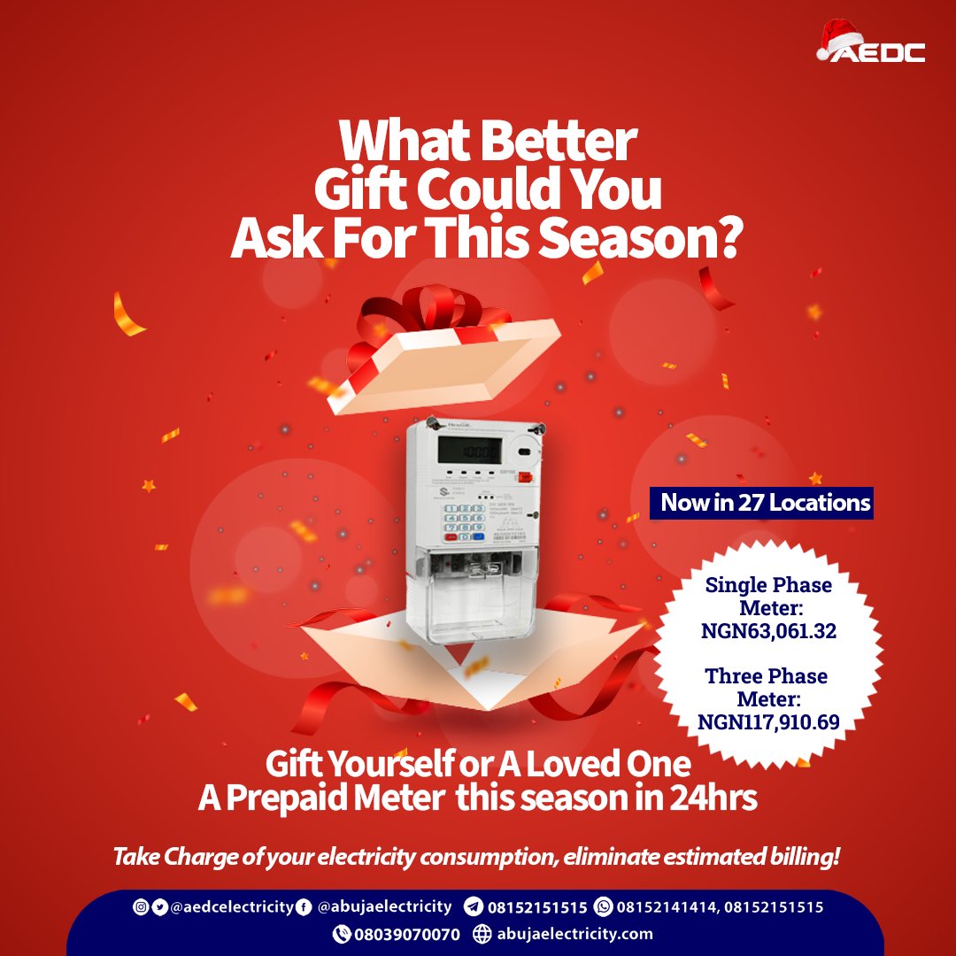 aedcelectricity's tweet photo. Make it the most wonderful time of the year for you and yours!
Visit https://t.co/JbveLKSR6l to get metered in 24 hours.
#AEDC #Abujadisco #GetMeteredWithMAP #MobileMAPMetering #PrepaidMeter https://t.co/wlarJ6dLcM