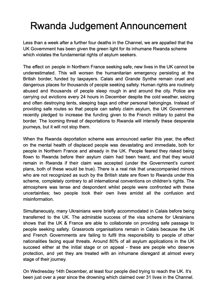 CalaisAppeal's tweet photo. 16 organisations working with displaced people in France have written a joint statement about the devestating effect of the High Court's decision on Rwanda. 

The looming threat of deportations will intensify these desperate journeys, but it will not stop them.

Read in full⤵️ https://t.co/WL0WNSb0lU