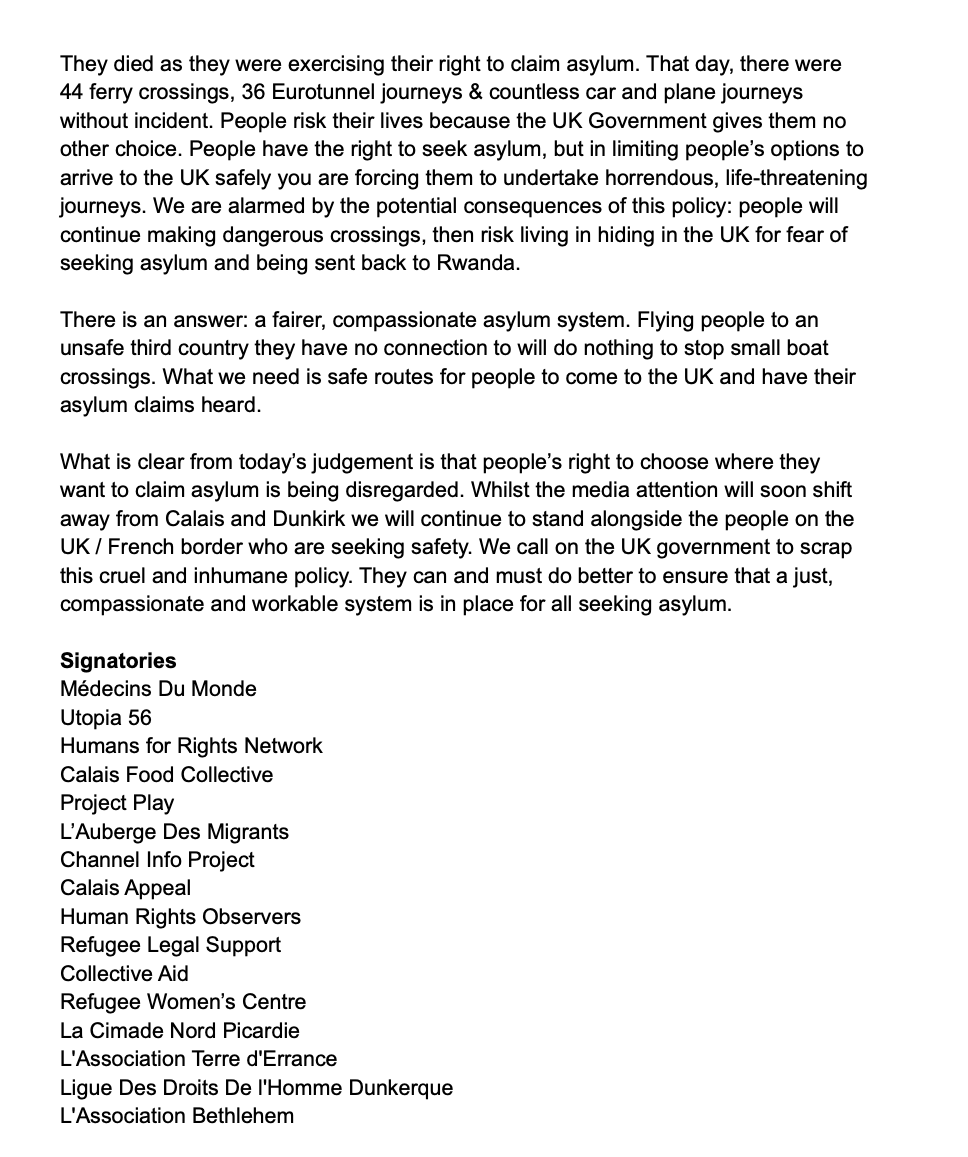 CalaisAppeal's tweet photo. 16 organisations working with displaced people in France have written a joint statement about the devestating effect of the High Court's decision on Rwanda. 

The looming threat of deportations will intensify these desperate journeys, but it will not stop them.

Read in full⤵️ https://t.co/WL0WNSb0lU
