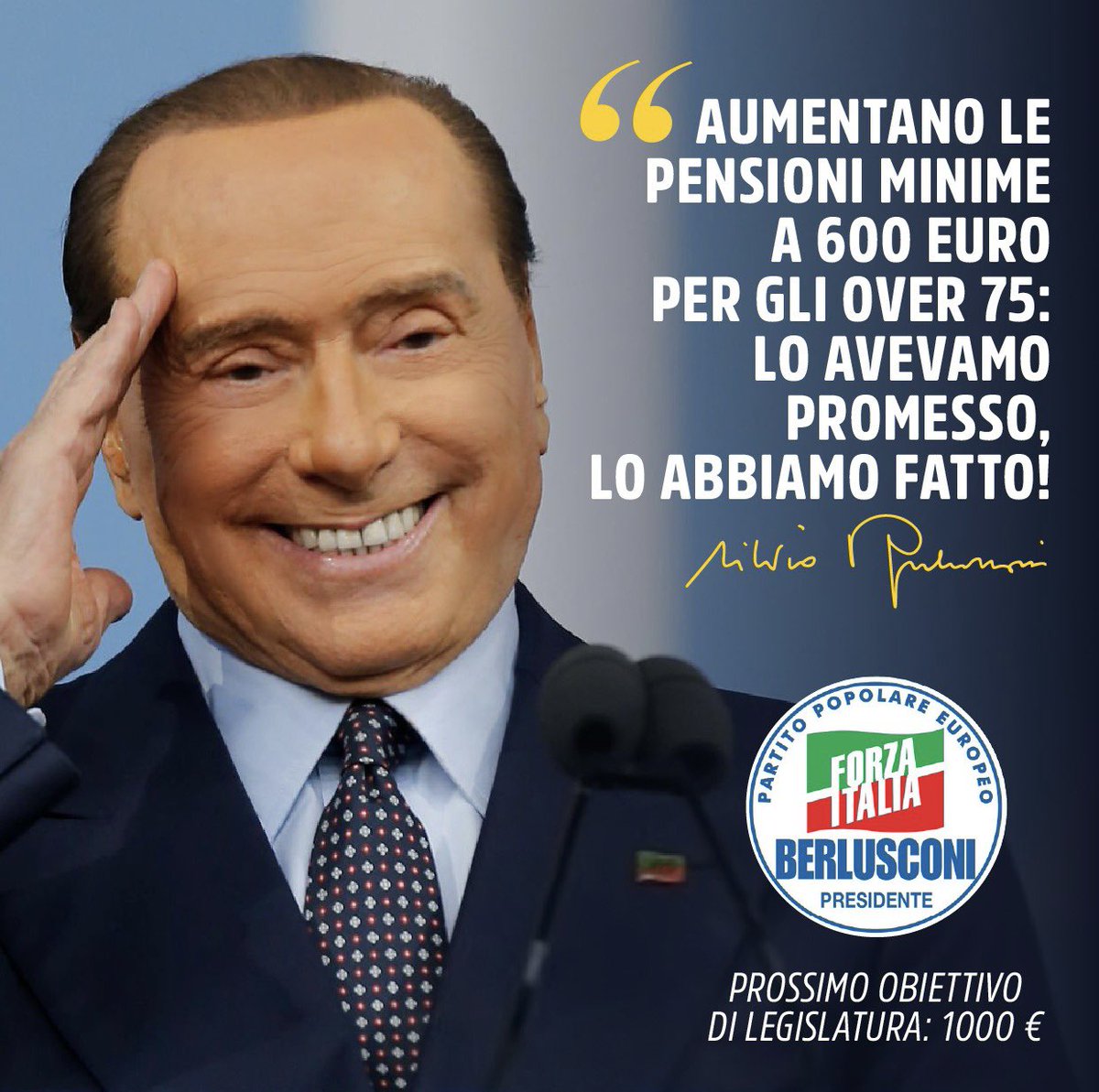 berlusconi's tweet image. Con la prima Legge di Bilancio, abbiamo ottenuto alcuni risultati importanti, come il primo aumento delle pensioni minime a 600 euro per gli ultra-settantacinquenni.