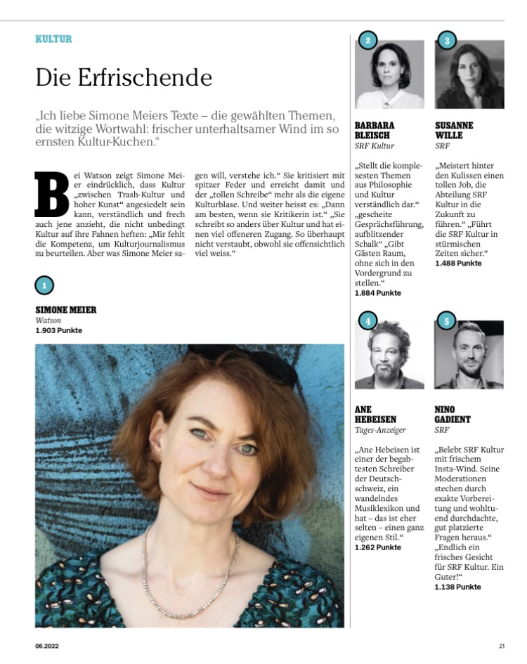 Mal wieder den Rank gefunden im Jahresranking der Schweizer Medienszene, merci bien, und Gratulation an <a href="/BarbaraBleisch/">Bleisch</a>, <a href="/willesusanne/">Susanne Wille</a>, Ane Hebeisen und Nino Gadient. Und super, dass die <a href="/wochenzeitung/">WOZ</a> knapp vor <a href="/watson_news/">watson News</a> die beste Redaktionsleitung hat #schweizerjournalistin