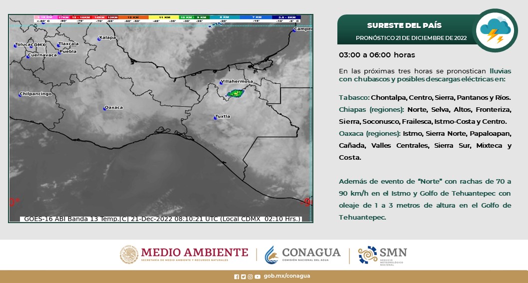 conagua_clima's tweet photo. Se pronostica para el sureste del territorio nacional, cielo nublado con probabilidad de #Lluvias  e intervalos de #Chubascos, además de evento de #Norte con rachas de 70 a 90 km/h.⬇️ https://t.co/nKkNHCroYB