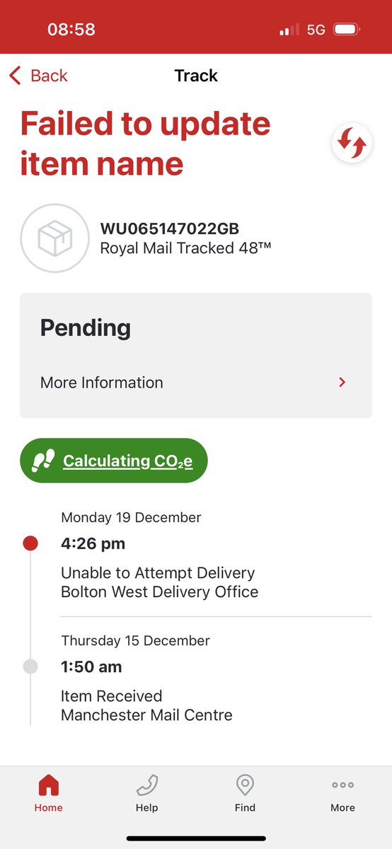 MariaTickle's tweet photo. @RoyalMail what’s happened to my 48hr tracked parcel? Can’t speak to anyone and it’s been pending for days. Says we will try the next day but never do. https://t.co/naMW0JnkKT