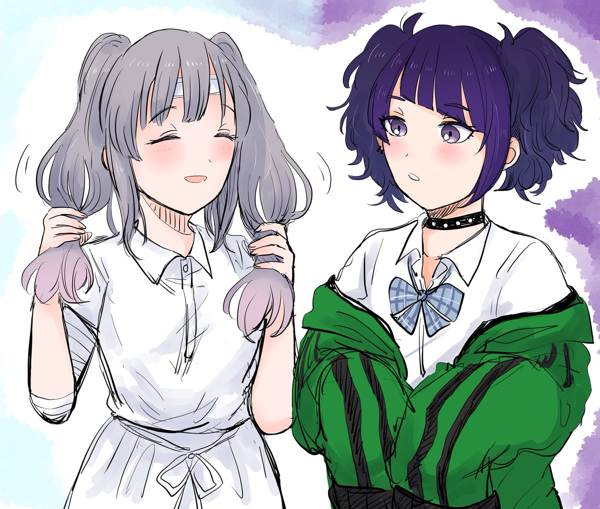 tanaka mamimi ,yukoku kiriko multiple girls 2girls twintails diagonal bangs purple eyes grey hair purple hair  illustration images