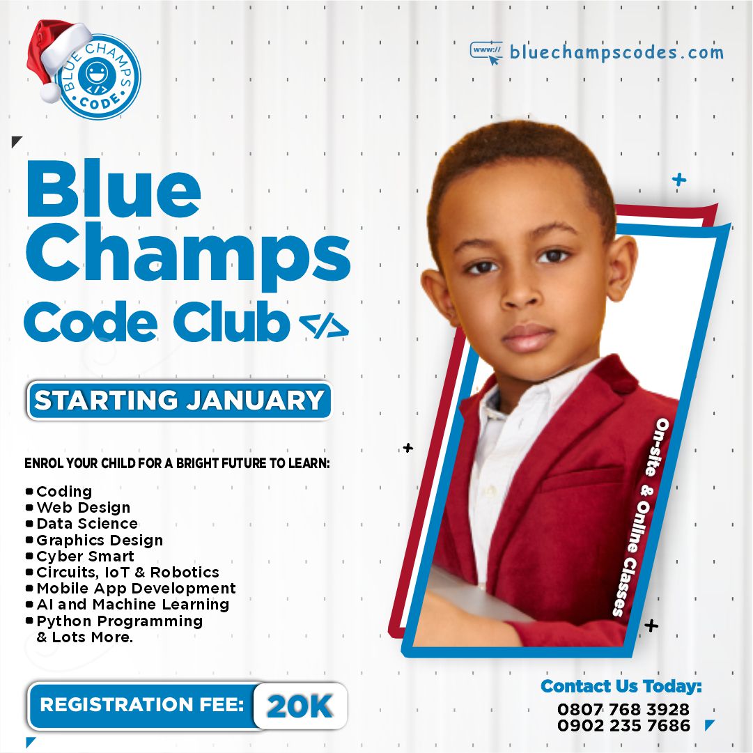 BlueChampsCode's tweet image. The Yuletide is here 🎊🎉🎄, another year gone!

The Blue Champs Coding Club opens her doors to your gems in January.
Enroll your child to learn basic and advanced coding and tech skills in 2023 at just 20k naira per month.

#robotics #cybersmart #iot #design #coding #programming