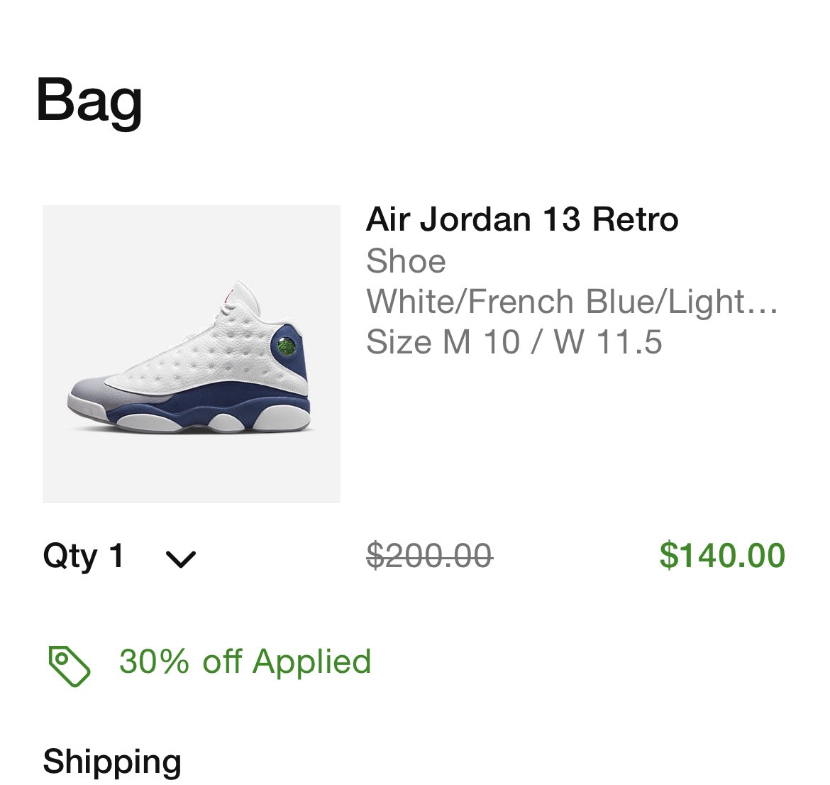GregPerkins_'s tweet photo. @SOLELINKS Jordan 13 French Blue restocked. It’s taking 30% off when you add it to cart on https://t.co/UlMPxQ797N https://t.co/usKMNIxIqM