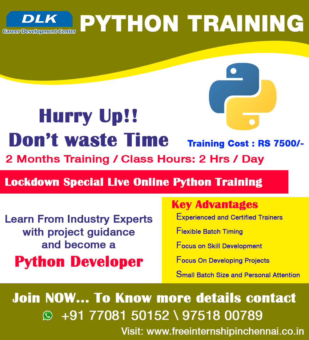 dlk_cdc's tweet image. Python training!!!
𝐋𝐨𝐜𝐚𝐭𝐢𝐨𝐧
g.page/dlk-career-dev…
📞Contact/What's app:+91-7904320834 / +91-9751800789
𝐎𝐟𝐟𝐢𝐜𝐞 𝐚𝐝𝐝𝐫𝐞𝐬𝐬:-
DLK Career Development
Rahaat Plaza Ground floor,Vadapalani,Chennai,Tamil Nadu 600026
#pythontraininginchennai #python #pythonprogramming