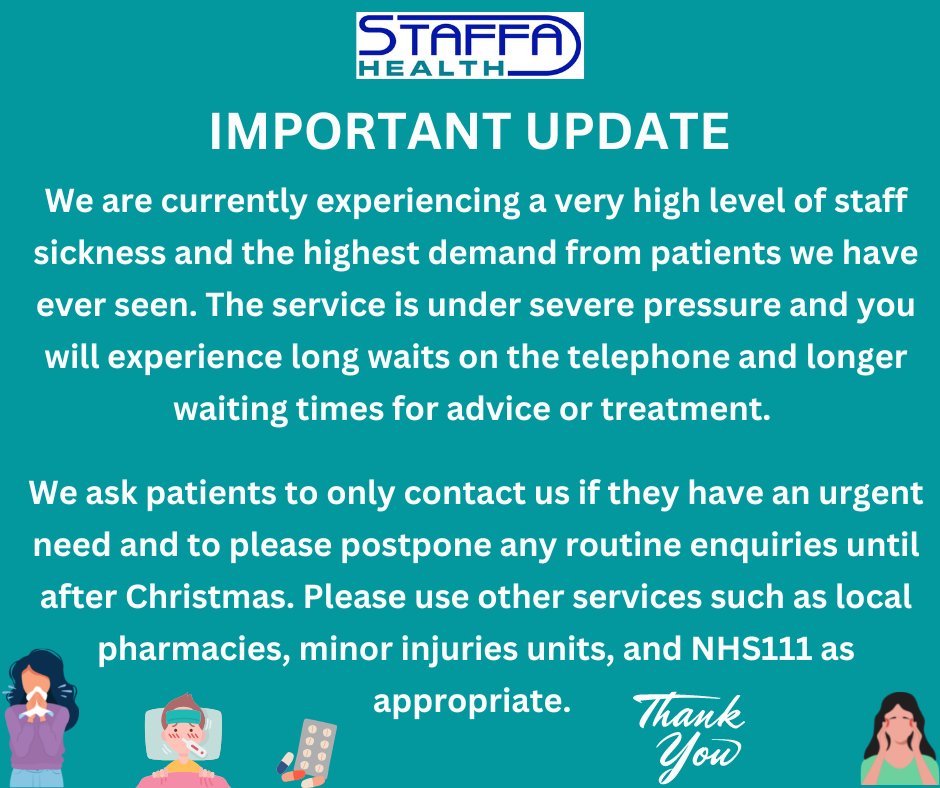 StaffaHealth's tweet photo. URGENT UPDATE - PLEASE SHARE......
Please be kind to our staff who are working really hard under immense pressure at the minute 🙏 https://t.co/KGh55RJTSU