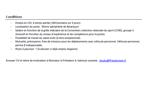 ⚠️𝐀𝐋𝐄𝐑𝐓𝐄 𝐎𝐅𝐅𝐑𝐄 𝐃'𝐄𝐌𝐏𝐋𝐎𝐈⚠️ | La FF Randonné du Doubs est à la recherche d'un agent de développement en CDI !

Plus d'infos et contacts sur les images ci-dessous.⬇️