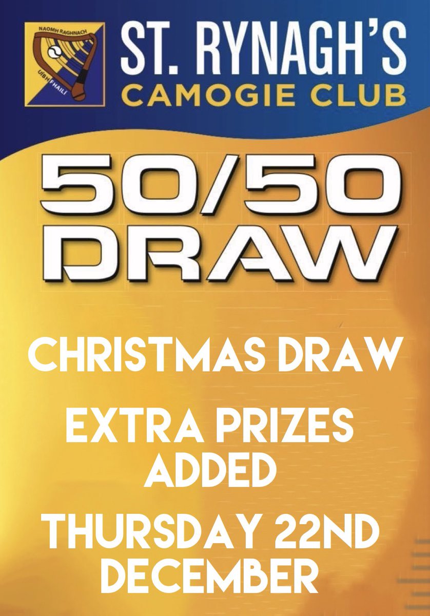 St Rynagh’s Camogie Club 50/50 Christmas Draw takes place on Thursday Night. 

You can get your tickets in any of the local shops or online ⬇️

clubnua.ie/fiftyfifty/594…