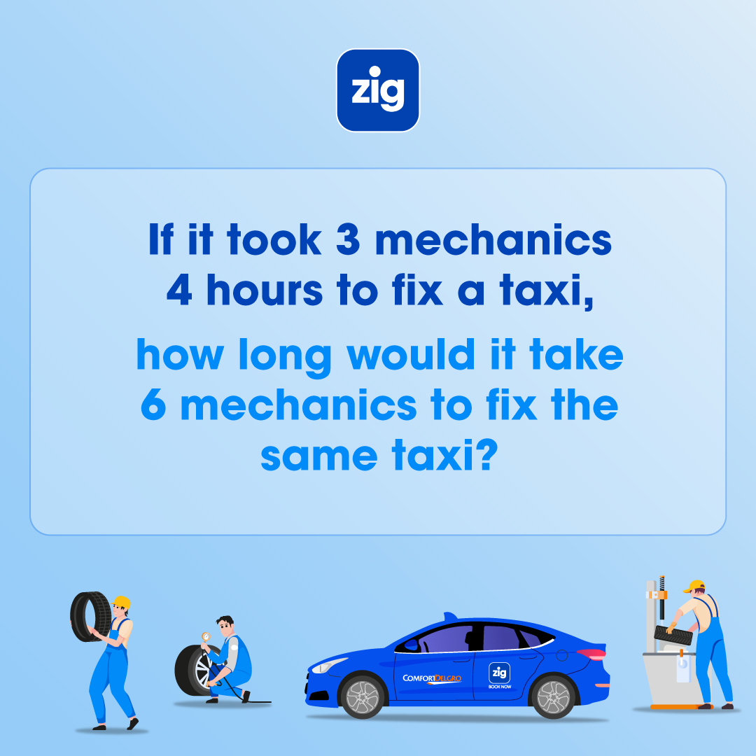 Another day, another riddle. 🕵️‍♀️

If it took 3 mechanics 4 hours to fix a taxi, how long would it take 6 mechanics to fix the same taxi? 

Book a taxi or private-hire car on CDG Zig: hubs.la/Q01wkyVQ0