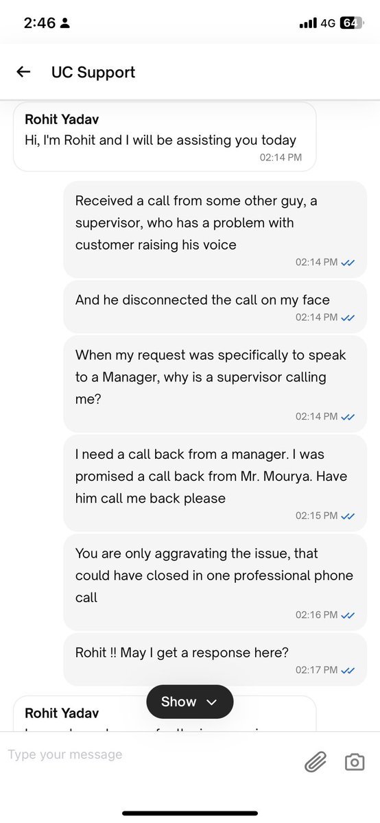 HarmeetSSangha's tweet photo. Please check the attachments. Your Chat team refuses to even respond to me !!

Mr.Abhishek Mourya - The manager of UC is not calling back, despite your team promising that he will. https://t.co/puYb4MZgJe