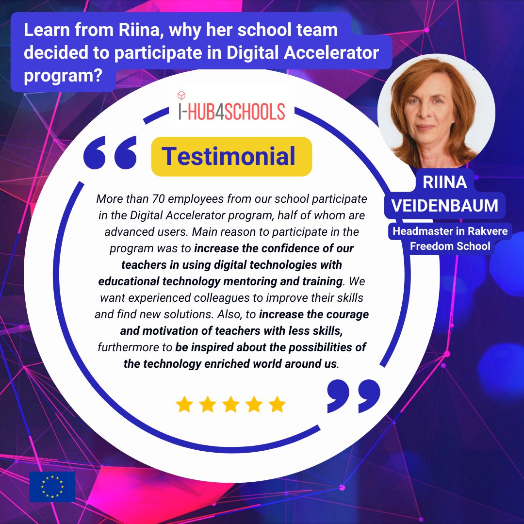 👩‍🏫Meet Riina Veidenbaum headmaster in #Rakvere Freedom School participating the #Estonian program Digital Accelerator, which is one of the methods based on the school mentoring model developed within #iHub4Schools
ihub4schools.eu