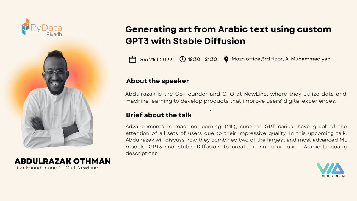 PyDataRiyadh's tweet photo. We're excited to see you all today! 🖼

🗓️ Wednesday, December 21st, 2022
🕐 6:30pm
📍 https://t.co/nX5bvUp3Je https://t.co/w05YNbhVO5