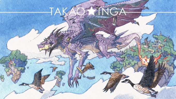 『鳥の移動ペース』ドラゴンと一緒に渡り中のカナダガンを描いています。この絵はオーダー頂き描いた絵ですが『鳥とドラゴンが一緒に映った絵』というテーマを頂いていたので自然に説得力ある印象を考え渡鳥を入れて描いています。 