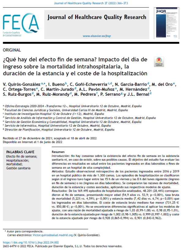 JHealthQualityR's tweet photo. 📰 What about the weekend effect? Impact of the day of admission on...mortality, length of stay and cost...
✏️Original en el @JHealthQualityR #RevistaSECA #JHQR
👉 https://t.co/qujUwBRNA3
✅ #QualityHealthcare #weekendeffect #hospitalization #mortality #healthcaremanagement https://t.co/sZPAnh3Lu0
