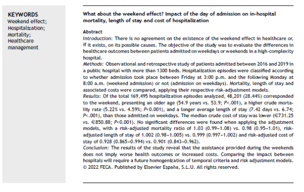 JHealthQualityR's tweet photo. 📰 What about the weekend effect? Impact of the day of admission on...mortality, length of stay and cost...
✏️Original en el @JHealthQualityR #RevistaSECA #JHQR
👉 https://t.co/qujUwBRNA3
✅ #QualityHealthcare #weekendeffect #hospitalization #mortality #healthcaremanagement https://t.co/sZPAnh3Lu0