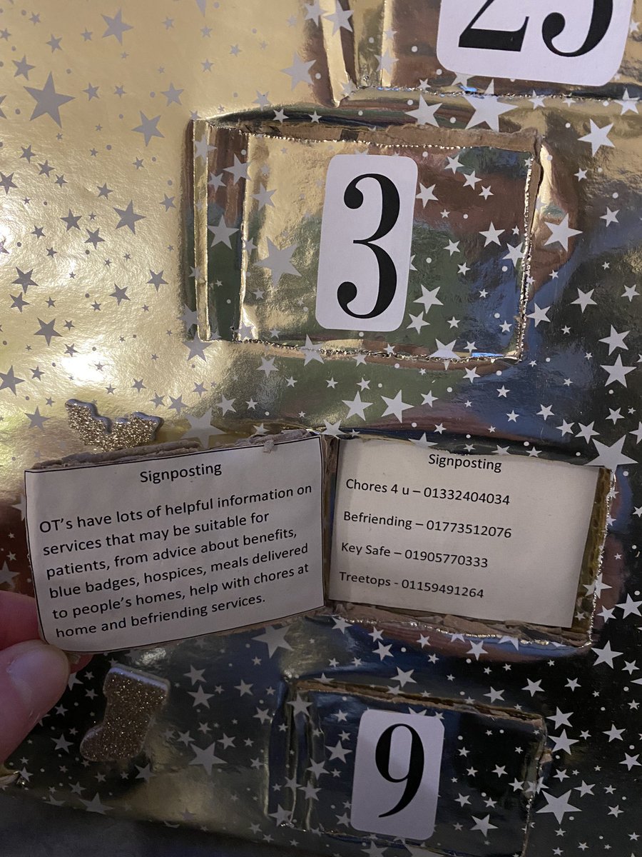 kerri_schOT's tweet photo. Weβre into the last few days of our #OTMAS advent calendar! βοΈππ π
πΌπHopefully still lots of helpful OT advice/equipment behind the few remaining doors! πToday itβs signposting! βΉοΈ βοΈIf we canβt help.. weβll find someone who can! π https://t.co/UjnV2JgM51